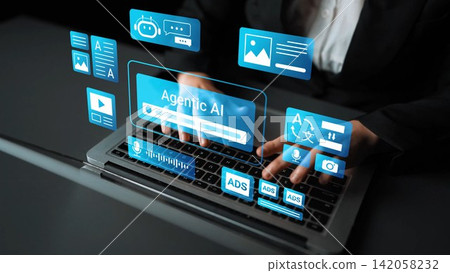Business professional working with innovative artificial intelligence technology on laptop, exploring data and digital marketing solutions for future growth Gluon 142058232