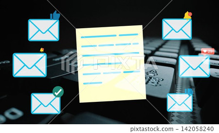 Digital Communication Concept with Emails, Sticky Note, and Black Keyboard Background for Online Interaction and Messaging Use. Entropy Digital Communication Concept with Emails, Sticky Note, and Black Keyboard Background for Online Interaction and Messaging Use. Entropy 142058240
