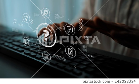 Modern Technology Concept Featuring Hands on Keyboard with Digital Interface and Question Mark Symbolizing Inquiry and Data Analysis. Entropy Modern Technology Concept Featuring Hands on Keyboard with Digital Interface and Question Mark Symbolizing Inquiry and Data Analysis. Entropy 142058354