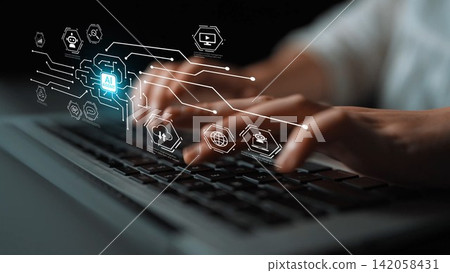 Hands Typing on a Laptop Keyboard with Futuristic AI Technology Elements and Digital Icons Representing Innovation and Connectivity Gluon Hands Typing on a Laptop Keyboard with Futuristic AI Technology Elements and Digital Icons Representing Innovation and Connectivity Gluon 142058431