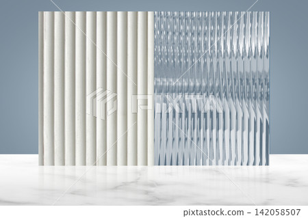 White marble table top and vertical ribbed wall and glass panel background for professional presentation. White marble table top and vertical ribbed wall and glass panel background for professional presentation. 142058507