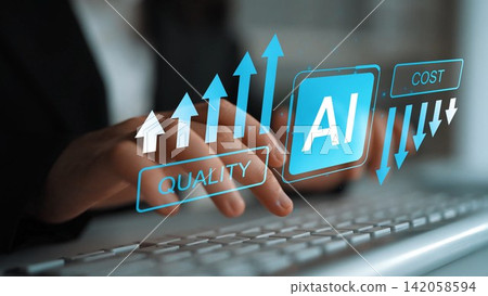 Business professional analyzing AI technology impact on quality and cost using digital keyboard and visual graphs in modern office setting Gluon Business professional analyzing AI technology impact on quality and cost using digital keyboard and visual graphs in modern office setting Gluon 142058594