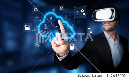 Man in Virtual Reality Glasses Interacting with Cloud Technology and Digital Icons in a Futuristic Environment of Data and Connectivity. Raster Man in Virtual Reality Glasses Interacting with Cloud Technology and Digital Icons in a Futuristic Environment of Data and Connectivity. Raster 142058602