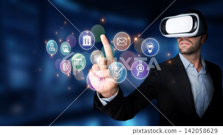 Businessman Using Virtual Reality Technology to Interact with Multiple Digital Icons in a Modern Office Environment. Raster Businessman Using Virtual Reality Technology to Interact with Multiple Digital Icons in a Modern Office Environment. Raster 142058629