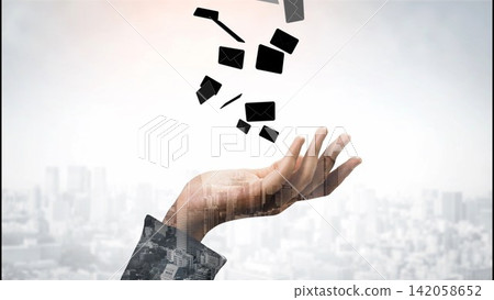 Hand Releasing Floating Communication Icons Over Urban Landscape Representing Digital Messaging and Connectivity in Modern Society. Entropy Hand Releasing Floating Communication Icons Over Urban Landscape Representing Digital Messaging and Connectivity in Modern Society. Entropy 142058652