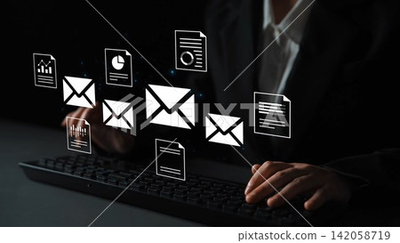 Business Professional Using Keyboard with Floating Email Icons and Document Graphics in Dark Modern Office Environment Gluon Business Professional Using Keyboard with Floating Email Icons and Document Graphics in Dark Modern Office Environment Gluon 142058719