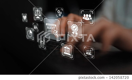 Hands Typing on Keyboard Surrounded by Digital Audit Icons and Symbols Representing Financial Analysis, Compliance, and Business Processes Gluon Hands Typing on Keyboard Surrounded by Digital Audit Icons and Symbols Representing Financial Analysis, Compliance, and Business Processes Gluon 142058720