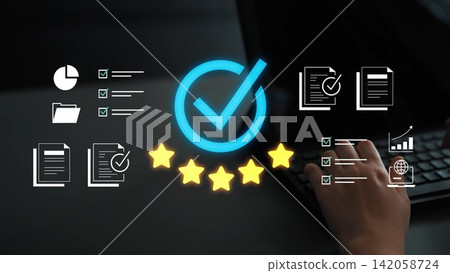 Business efficiency checklist and evaluation symbols with hand on keyboard for productivity improvement and performance assessment in professional setting Gluon Business efficiency checklist and evaluation symbols with hand on keyboard for productivity improvement and performance assessment in professional setting Gluon 142058724