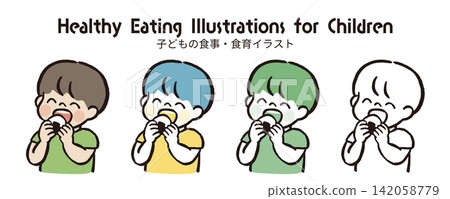 兒童健康飲食與食品教育 | 男孩吃飯團插圖 兒童健康飲食與食品教育 | 男孩吃飯團插圖 142058779