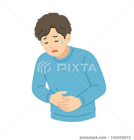 腹痛,身著休閒服的男子,平面插圖 腹痛,身著休閒服的男子,平面插圖 142058872