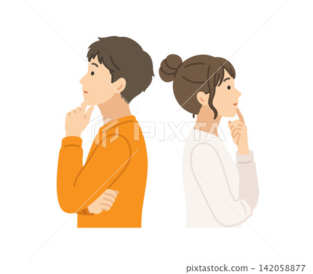 思考2,穿著休閒的男女,扁平化插圖 思考2,穿著休閒的男女,扁平化插圖 142058877