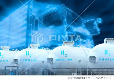 Electric truck with H2 fuel storage tank. Blue hydrogen concept. Electric vehicle trailer truck. Sustainable energy. Net zero emissions by 2050. Commercial logistic truck transport with green power. Electric truck with H2 fuel storage tank. Blue hydrogen concept. Electric vehicle trailer truck. Sustainable energy. Net zero emissions by 2050. Commercial logistic truck transport with green power. 142058899