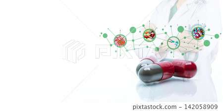 Antibiotic drugs and a doctor in background. Prescription drugs. Antibiotic capsule pills. Antibiotic drug selection. Pharmaceutical industry. Drug use in a hospital. Medication for treating illness. 142058909