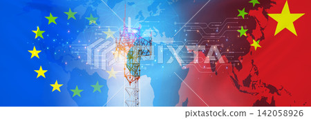Chinese 5g technology in the EU concept. Telecommunication tower for 5g network. Europe and china flag. Communication technology. Mobile or telecom 5g network. Network connection business. 5g service. Chinese 5g technology in the EU concept. Telecommunication tower for 5g network. Europe and china flag. Communication technology. Mobile or telecom 5g network. Network connection business. 5g service. 142058926