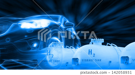 Electric car with H2 fuel storage tank. Fuel cell electric vehicle. Sustainable energy. Futuristic vehicle concept. Futuristic autonomous car. Driverless autonomous vehicle. Future transportation. Electric car with H2 fuel storage tank. Fuel cell electric vehicle. Sustainable energy. Futuristic vehicle concept. Futuristic autonomous car. Driverless autonomous vehicle. Future transportation. 142058931