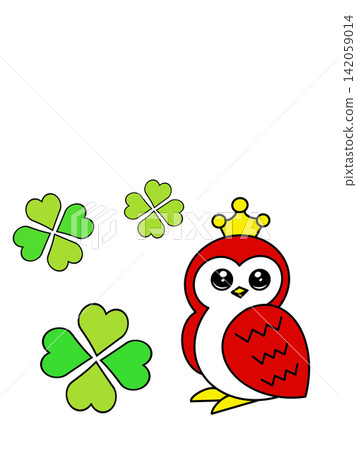 A cute red owl wearing a four-leaf clover and a crown. A cute red owl wearing a four-leaf clover and a crown. 142059014