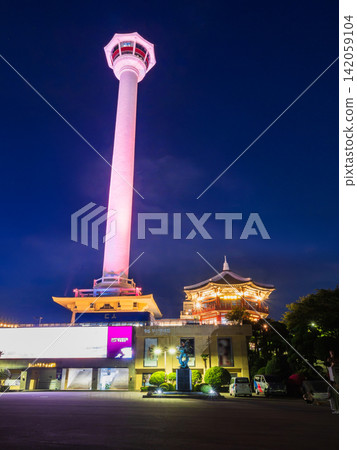 South Korea: Busan Tower and Octagonal Pavilion illuminated at night South Korea: Busan Tower and Octagonal Pavilion illuminated at night 142059104