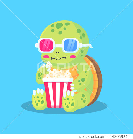 Cute Cartoon Turtle Eating Popcorn While Wearing Sunglasses Cute Cartoon Turtle Eating Popcorn While Wearing Sunglasses 142059241
