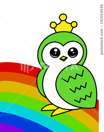 A cute yellow-green owl with a rainbow and a crown. A cute yellow-green owl with a rainbow and a crown. 142059436