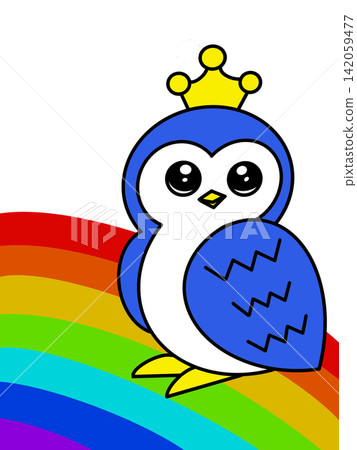 A cute blue owl with a rainbow and a crown A cute blue owl with a rainbow and a crown 142059477