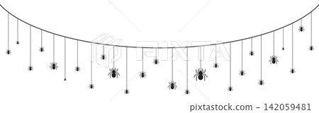 Spider border. Black silhouette spider and web illustration. Horror banner for Halloween parties 142059481