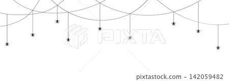 Eerie spider border. Gothic arachnid and web outline. Vector background for Halloween posters and banners Eerie spider border. Gothic arachnid and web outline. Vector background for Halloween posters and banners 142059482