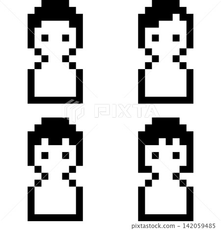 Set of 4 black and white pixel art mini icons, featuring a person with short hair. Set of 4 black and white pixel art mini icons, featuring a person with short hair. 142059485