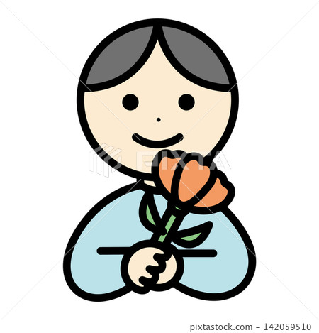 一個男孩手持鮮花;康乃馨;母親節。 一個男孩手持鮮花;康乃馨;母親節。 142059510