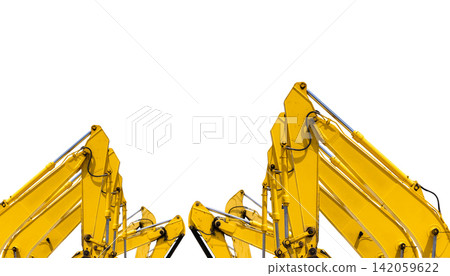 Yellow hydraulic excavator arms isolated on white background for construction and engineering industry concept. Construction machinery and civil engineering equipment. 142059622