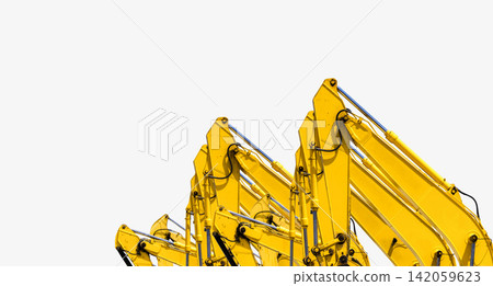 Yellow hydraulic excavator arms isolated on white background for construction and engineering industry concept. Construction machinery and civil engineering equipment. Yellow hydraulic excavator arms isolated on white background for construction and engineering industry concept. Construction machinery and civil engineering equipment. 142059623