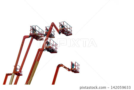 Collection of hydraulic articulated boom lifts raised into working position with large copy space. Aerial work platform rental, construction industry, engineering and industrial maintenance. 142059633