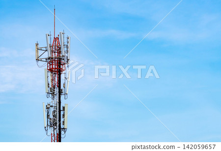 Telecommunication tower with blue sky and white clouds background. Antenna on blue sky. Radio and satellite pole. Communication technology. Telecommunication industry. Mobile or telecom 4g network. Telecommunication tower with blue sky and white clouds background. Antenna on blue sky. Radio and satellite pole. Communication technology. Telecommunication industry. Mobile or telecom 4g network. 142059657