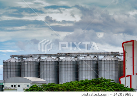 Agricultural grain silos at a commercial feed mill factory with modern steel storage tanks. Grain handling, livestock feed manufacturing, agricultural logistics and food supply chain infrastructure. Agricultural grain silos at a commercial feed mill factory with modern steel storage tanks. Grain handling, livestock feed manufacturing, agricultural logistics and food supply chain infrastructure. 142059693