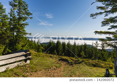 View of Kukul in the Carpathians with trees and trail in Ukraine View of Kukul in the Carpathians with trees and trail in Ukraine 142060072