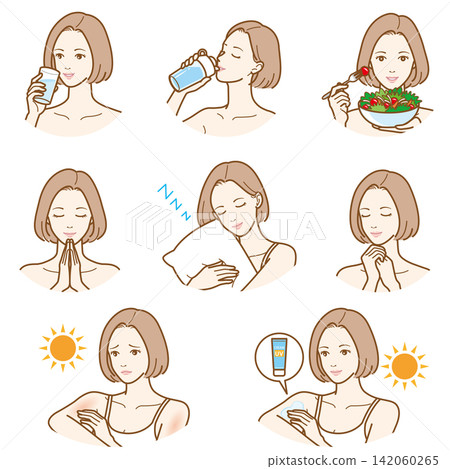一組描繪女性養成健康生活習慣和做好紫外線防護的插圖。 一組描繪女性養成健康生活習慣和做好紫外線防護的插圖。 142060265