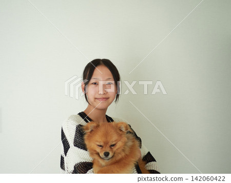 A middle school girl on summer vacation playing with a cute Pomeranian puppy in the living room of her home. A middle school girl on summer vacation playing with a cute Pomeranian puppy in the living room of her home. 142060422