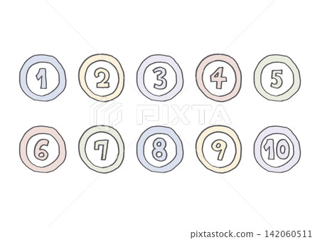 A set of hand-drawn line art illustrations of numbers surrounded by circles (pastel colors). A set of hand-drawn line art illustrations of numbers surrounded by circles (pastel colors). 142060511