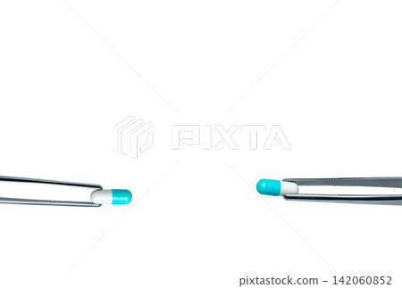 Two forceps pick white-blue capsule pills. Drugs choose for test in lab. Antibiotic drug selection. Antibiotic drug resistance concept. QA and QC in pharmaceutical factory concept. Drugs of choice. Two forceps pick white-blue capsule pills. Drugs choose for test in lab. Antibiotic drug selection. Antibiotic drug resistance concept. QA and QC in pharmaceutical factory concept. Drugs of choice. 142060852