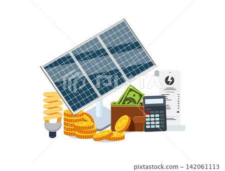 Solar Panels and Financial Savings for Green Energy Stock Illustration. Solar Panels and Financial Savings for Green Energy Stock Illustration. 142061113