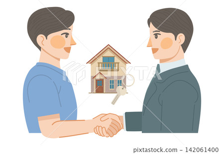 一幅插圖描繪了獨立式住宅的房地產交易完成的場景,男顧客和銷售人員正在握手。 一幅插圖描繪了獨立式住宅的房地產交易完成的場景,男顧客和銷售人員正在握手。 142061400