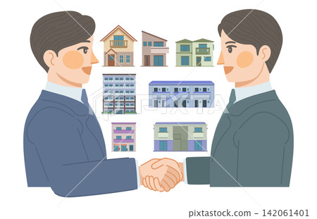 An illustration of two real estate agents shaking hands. An illustration of two real estate agents shaking hands. 142061401