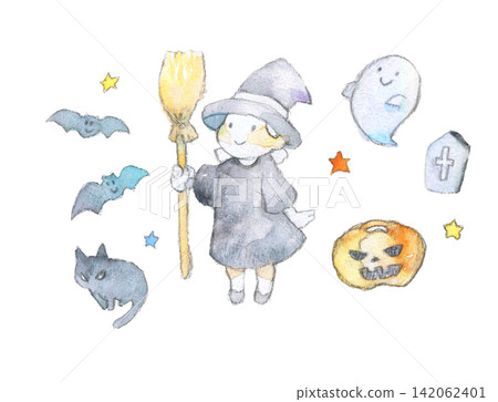 可愛的萬聖節水彩插畫套裝 142062401