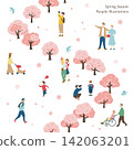 描繪人們欣賞櫻花和春天的插圖（一排櫻花樹） 142063201