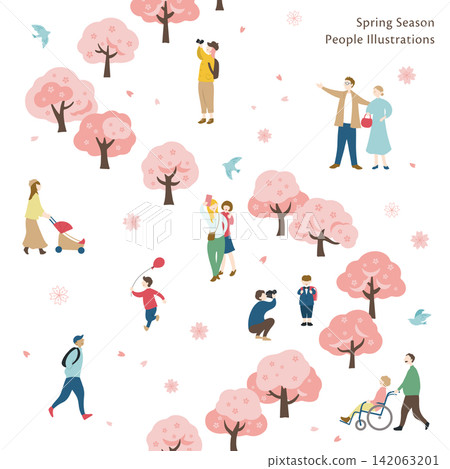 Illustration of people enjoying cherry blossoms and spring (a row of cherry trees) Illustration of people enjoying cherry blossoms and spring (a row of cherry trees) 142063201