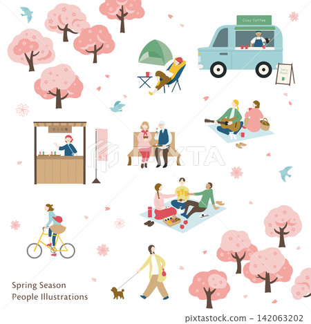 An illustration of people enjoying cherry blossoms and spring (picnic). An illustration of people enjoying cherry blossoms and spring (picnic). 142063202