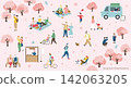 人們欣賞櫻花和春天的插圖（寬幅） 142063205
