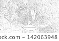 Paving stone crack pattern with fallen leaves, line art sketch background for architectural design, garden landscaping presentation, outdoor construction layout, and print template 142063948