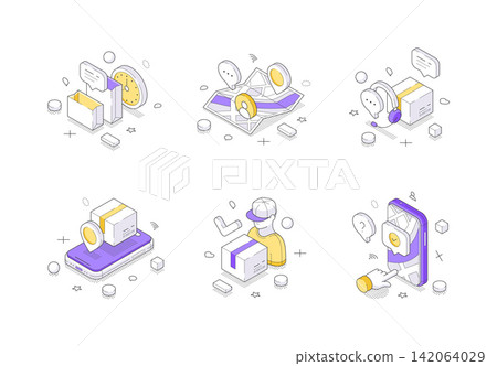 Online Delivery Service And Logistics Tracking System Isometric Vector Illustration Icon Set Online Delivery Service And Logistics Tracking System Isometric Vector Illustration Icon Set 142064029