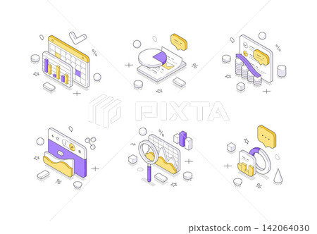 Data Analysis And Business Intelligence Modern Solutions Isometric Vector Illustration Icon Set Data Analysis And Business Intelligence Modern Solutions Isometric Vector Illustration Icon Set 142064030