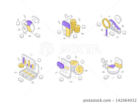 Business Analytics And Financial Data Management Isometric Vector Illustration Icon Set 142064032